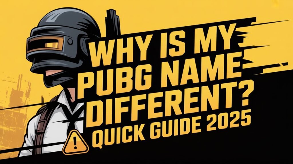 PUBG-themed thumbnail, bold yellow and black text “Why is My PUBG Name Different? Quick Guide 2025”, PUBG soldier silhouette, glitch effects around username, warning icon, black and yellow battleground style background, metallic gold highlights, high contrast, sharp esports design, clean readable layout
